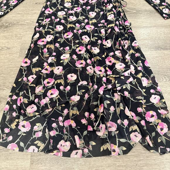 WHBM Floral Mesh Wrap Midi Dress Black Pink 10 bohemian preppy girly party boho - Picture 4 of 14